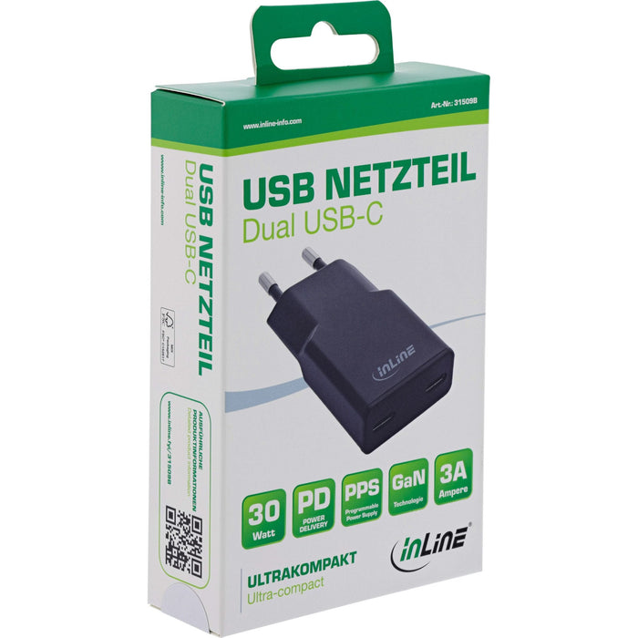 Inline® Usb Power Supply Charger Dual Usb-C, Pd, Pps, 30w, Negro