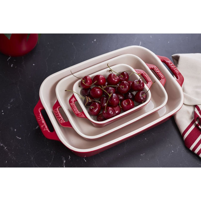 Staub 3-Piece Rectangular Ceramic Bakeware Set, Cherry Red