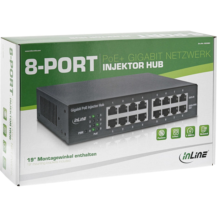 Inline Poe+ Gigabit Network Injector Hub 8 Puertos (8x Poe+), 1gbit/S, 19" (Soportes Incluidos), Metal, Sin Ventilador