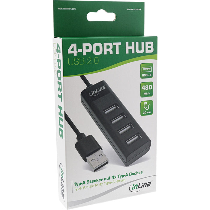 Hub Inline Usb 2.0 De 4 Puertos, Tipo A Macho A 4x Tipo A Hembra, Negro, 30 Cm, Diseño Delgado