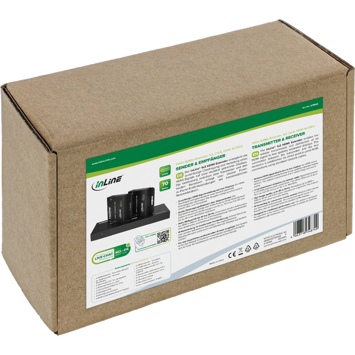 Video Splitter/Extender,1x2, Cat.6, Hdmi 4k/30hz, Kit Con 2 Receptores Inline