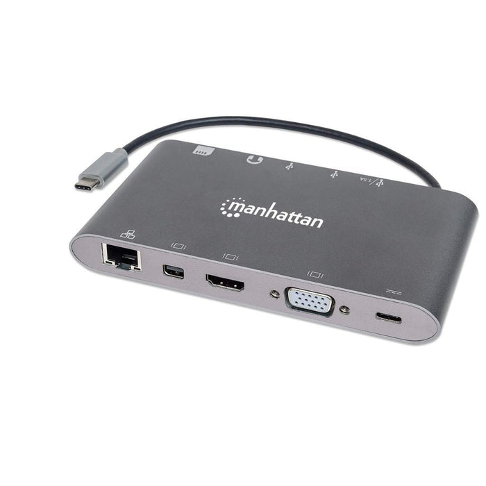 Manhattan Estación Docking Usb-C 7 En 1 Usb 3.1 Tipo-C Macho A Hdmi, Mini Dp O Vga, 3 Usb 3.0 Tipo-A,1 Usb-C Pd, Gigabit Rj45, Lector Tarjetas Sd Y Audio De 3.5 Mm, Aluminio, Gris