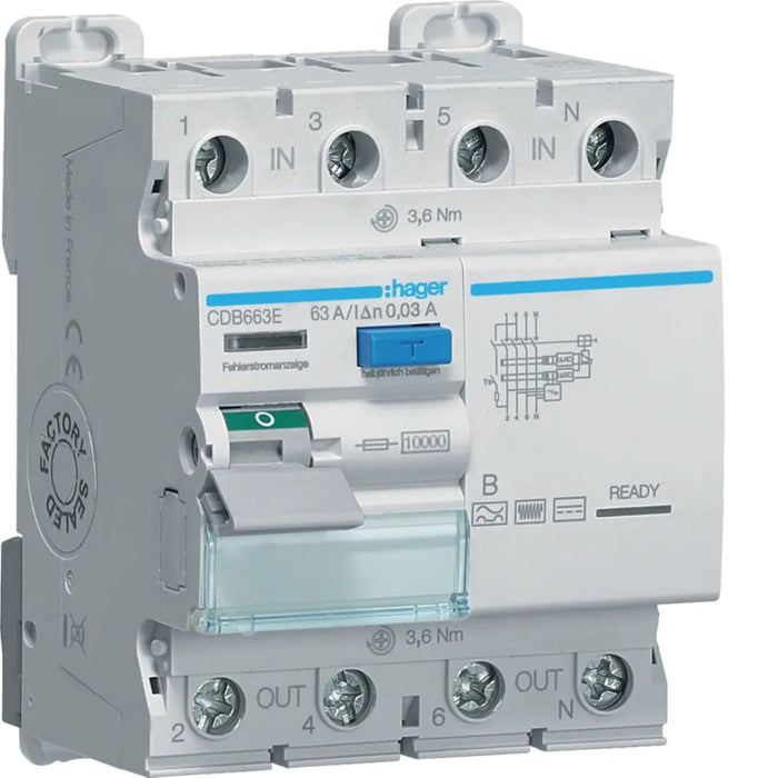 Hager Fi-Schalter 4polig 10ka Cdb663e 63a 30ma Typ B 230 400v