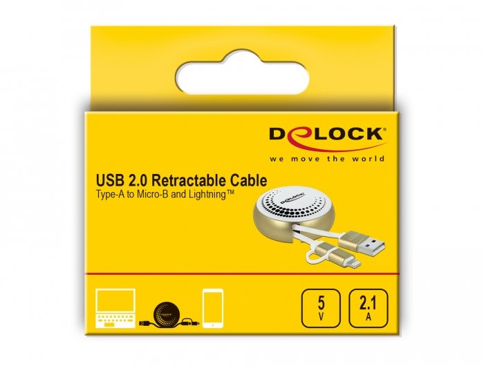 Delock Usb 2 In 1 Aufrollcable Typ-A Zu Micro-B Und Lightning Weiss   Gold