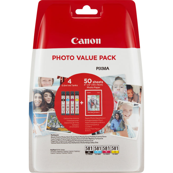 Canon Cli-581 C/M/Y/Bk Photo Value Packpaquete De 45.6 Mlnegro, Amarillo, Cin, Magentaoriginalkit De Tanque De Tinta / Papelpara Pixma Tr8550, Ts6250, Ts6251, Ts8250, Ts8251, Ts8252, Ts9150, Ts9155, Ts9550, Ts9551