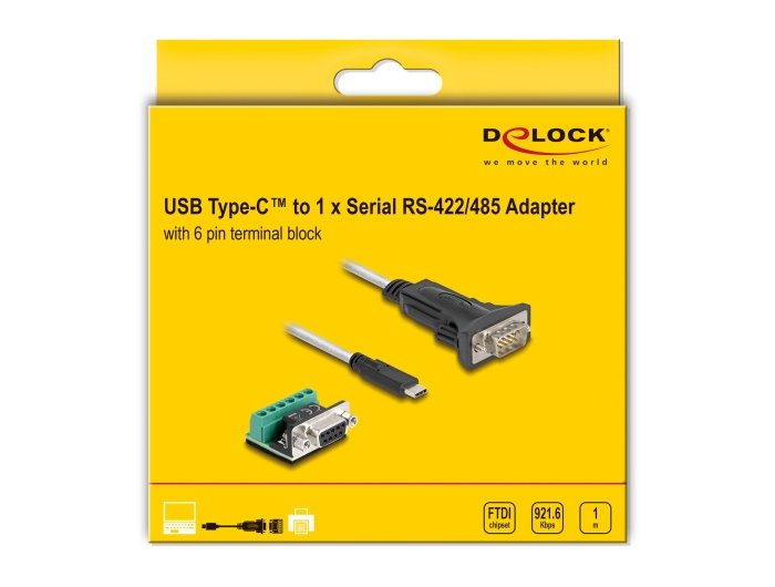 Delock Adapter Usb Type-C Zu 1 X Seriell Rs-422 485 Stecker Mit 6 Pin Terminalblock 5 V 1 M
