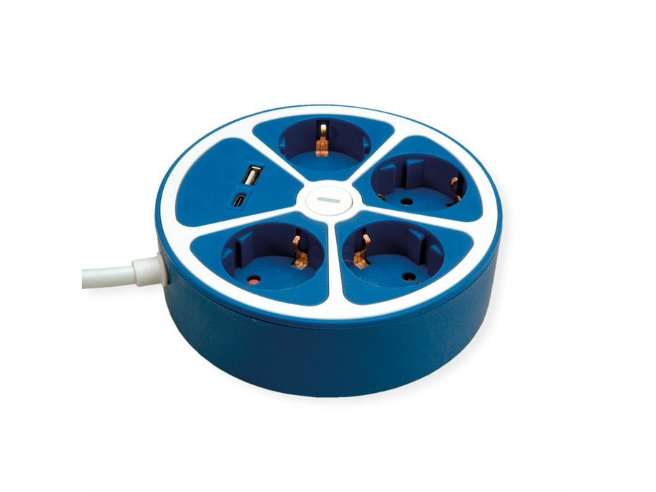 Roline 4-Fach Steckdosenleiste Mit Schalter, Rund, Usb-Charger A+C, Blau, 3 M