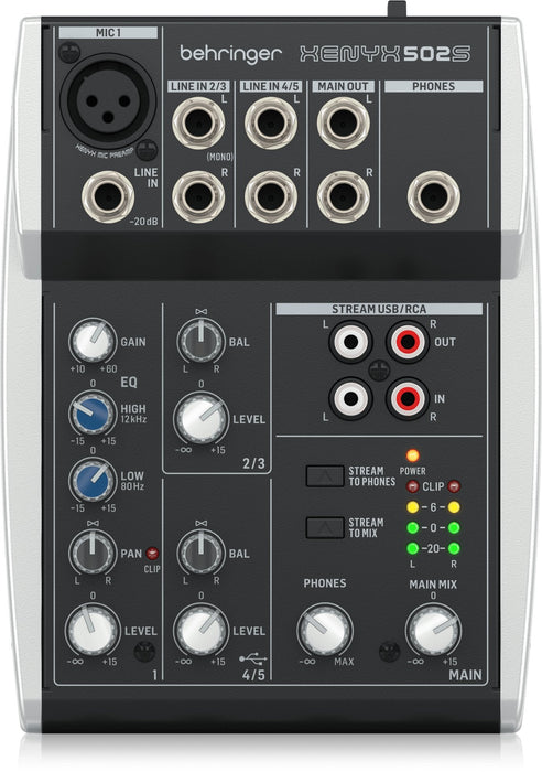 Behringer 502s - 5-Mezclador Analógico Usb Compacto De Canales Diseñado Específicamente Para Podcasting, Streaming Y Grabación En Casa
