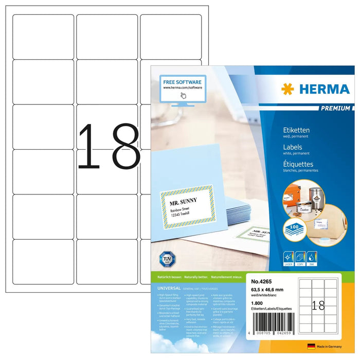 Herma Etiquetas De Dirección 4265 Blanco 63,5 X 46,6 Mm