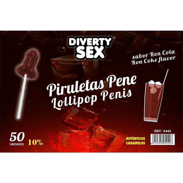 50 Piruletas Forma Pene Sabor Ron Cola 10% Alcohol