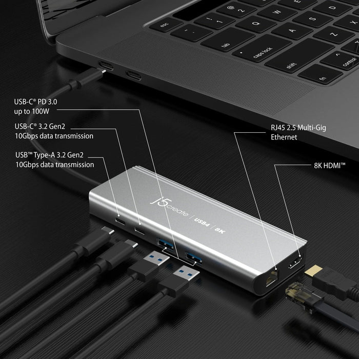 Estación De Conexión Hub Multipuerto J5create Usb4 8k 1x8k Hdmi/2xusb3.2/2xusb-C/Rj45 2.5g Plata Jcd403-N
