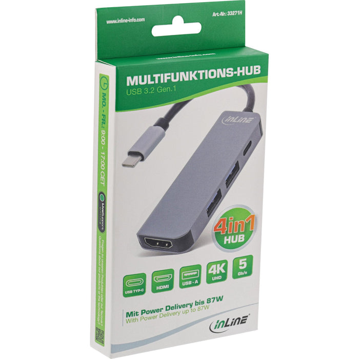 Hub Inline Usb 3.2 Gen.1, 2x Usb-A 5gbps + Hdmi 4k/30hz + Usb Type-C Pd 87w, Aluminio, Gris