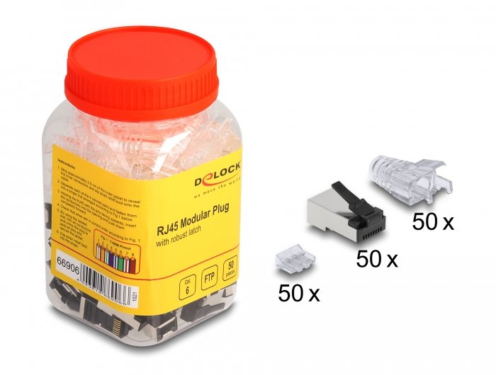 Rj45 Modularer Stecker Mit Robuster Rastnase Cat.6 Und Knickschutztülle 50er Set