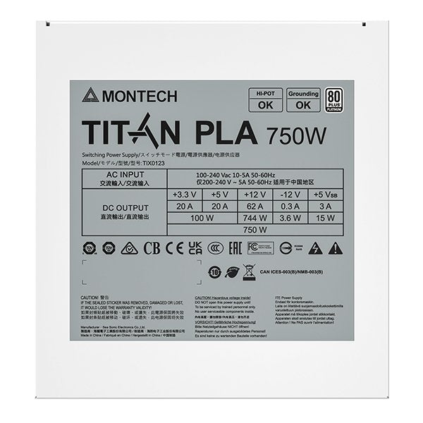 Montech Titan Pla 750w - 80 Plus & Cybenetics Platinum, Modular, Pcie 5.1 - 750 Watt, Weiss