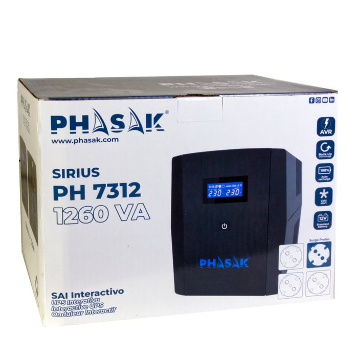 EAN 5605922007240 - Phasak Sirius sistema de alimentación ininterrumpida (UPS) Línea interactiva 1,26 kVA 720 W 4 salidas AC imagen 5