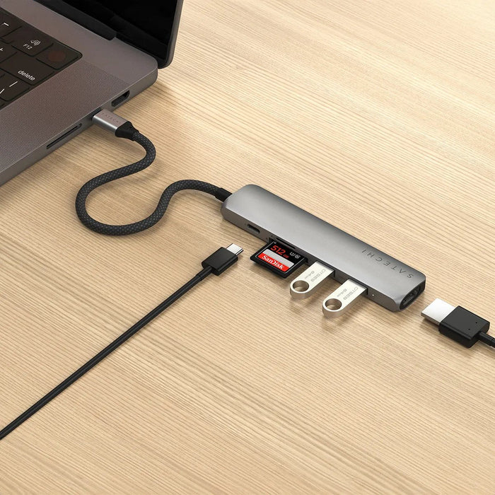 Satechi 6-In-1 Usb-C Slim Multiport Adapter - Aluminiowy Adapter Do Urzadzen Mobilnych Usb-C (Usb-C, 2x Usb-A, 4k Hdmi, Czytnik Kart Micro/Sd) (Gris)