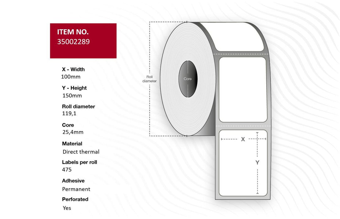 Label 100x150 - Core 25, Dt.  White, Permanent, Perforated.