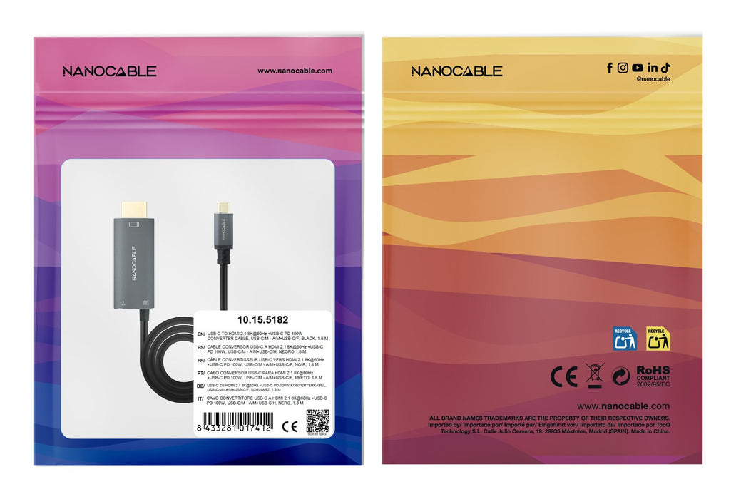 Cable Usb-C/M-Hdmi 2.1+Usb-C/H Pd 100w,Negro,1.8m