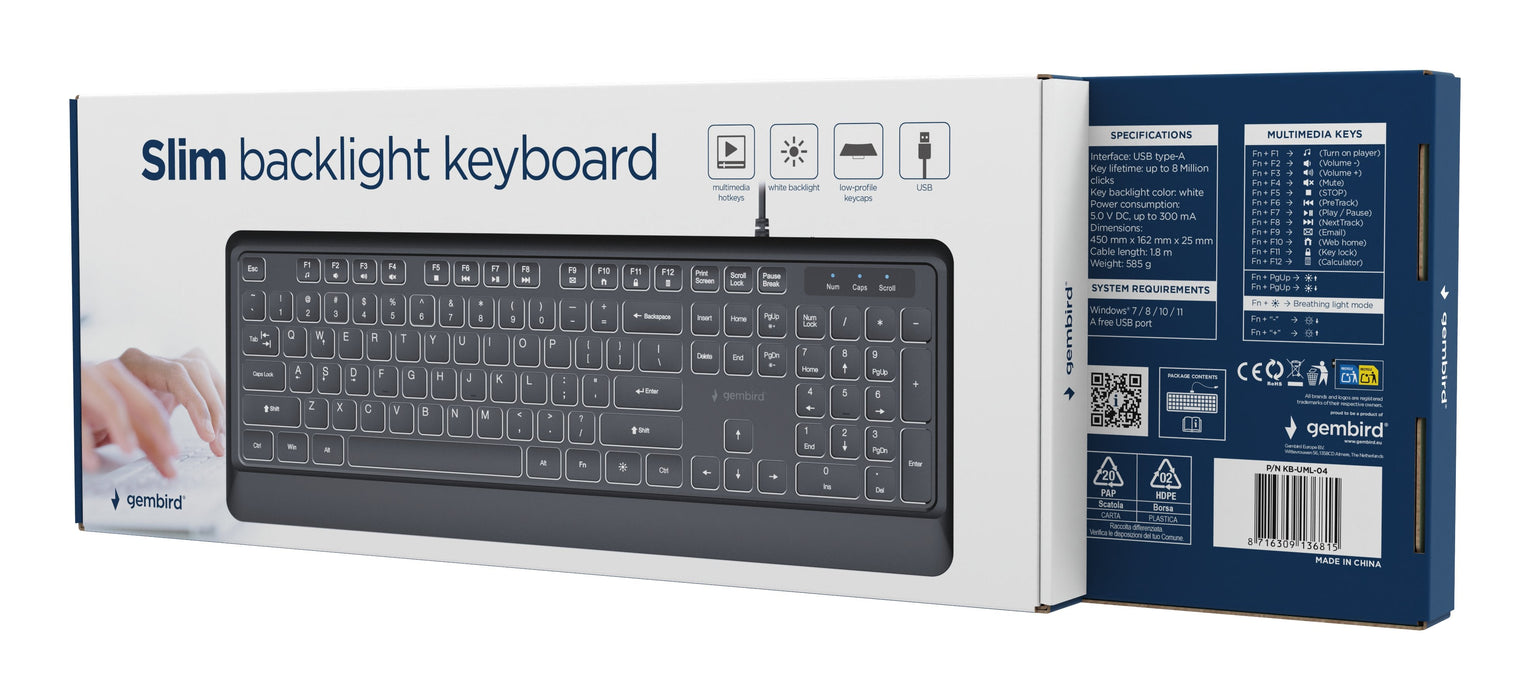 Gembird Slim Wired Backlight Keyboard Negro Us Layout