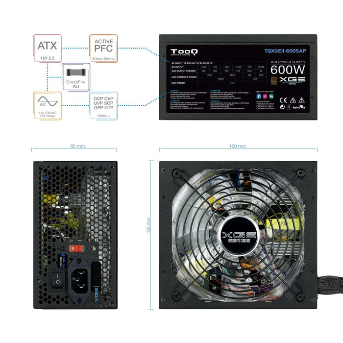 Tooq Xge Ii Fuente De Alimentacion Gaming 600w Atx 2.3 12v - Pfc Activo - Certificacion 80 Plus Bronze - Ventilador