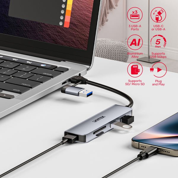 Unitek Hub 5w1 Usb-A/C 5 Gbps Z Czytnikiem Kart Sd I Micro Sd
