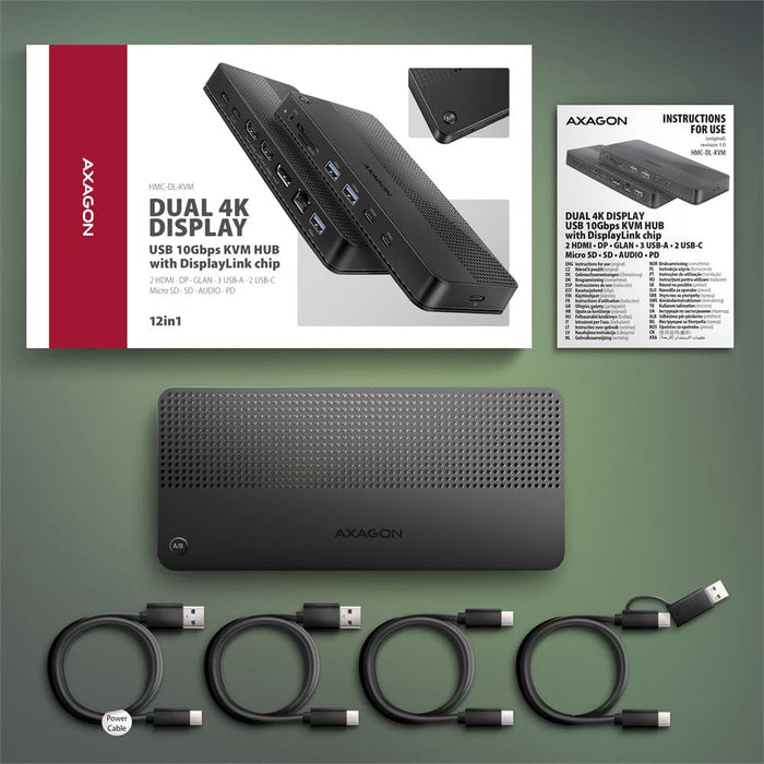 Hmc-Dl-Kvm Base De Conexión Usb-C 12w1 + Kvm 2 Pc, Displaylink, 10gbps, 3x Usb-A, 2x Usb-C, 2x Hdmi 4k/60hz, Dp, Lan 1gbps, Sd/Microsd, Audio, Pd 100w