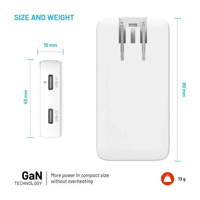 Fixed Slim Traveller 2xusb-C Travel Charger With World Adapters, Gan, 45w, White
