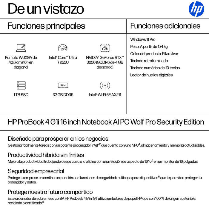 EAN 0199251610141 - HP ProBook 4 G1i AI Wolf Pro Security Edition Intel Core Ultra 7 255U Portátil 40,6 cm (16") WUXGA 32 GB  imagen 4