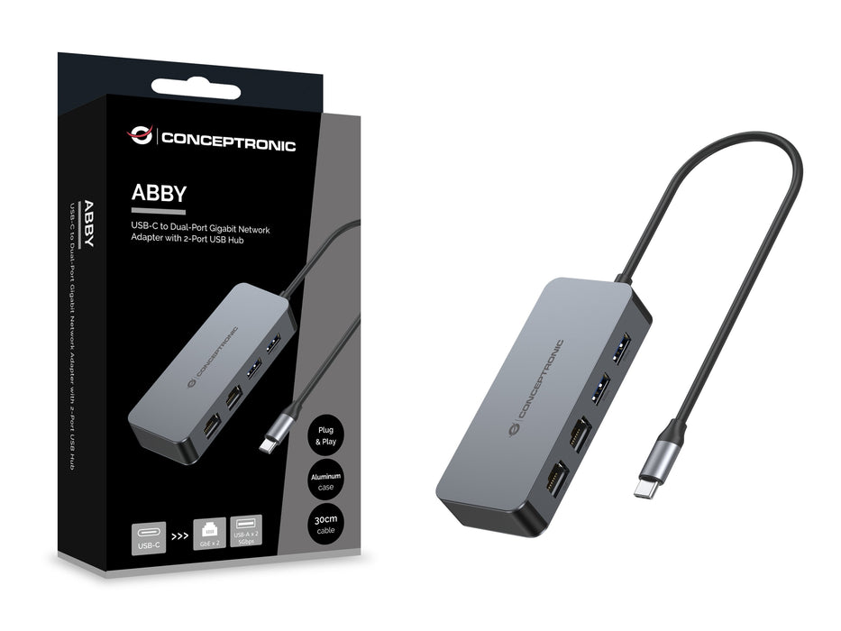 Adaptador Usb-C A Ethernet Rj45 Conceptronic Abby24g 2 Puertos Gigabit Con Hub Usb 3,2 X2 Puertos