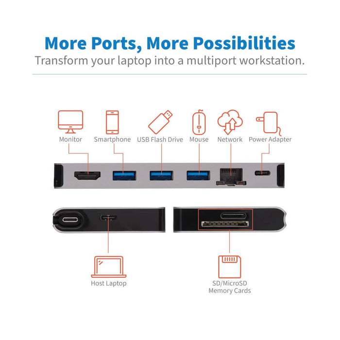 Stacja Dokujaca Usb-C 4k Hdmi, Usb 3.2 Gen 1, Koncentrator Usb-A, Gbe, Karta Pamieci, Ladowanie Pd 100 W, Odlaczany Przewód U442-Dock5d-Gy