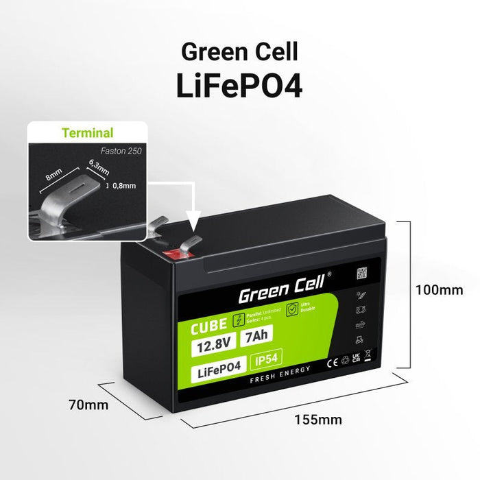 Green Cell Lfpgc12v7ah Cube Batería Lifepo4 7ah 12.8v 89.6wh Litio-Hierro-Fosfato Para Fuentes De Alimentación Ups, Monitoreo De Seguridad