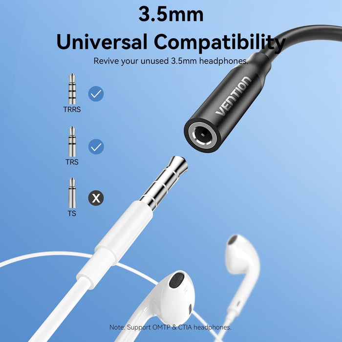 Adaptador Audio Vention Biiba Jack 3.5 Hembra Usb Tipo-C Macho 10cm Negro