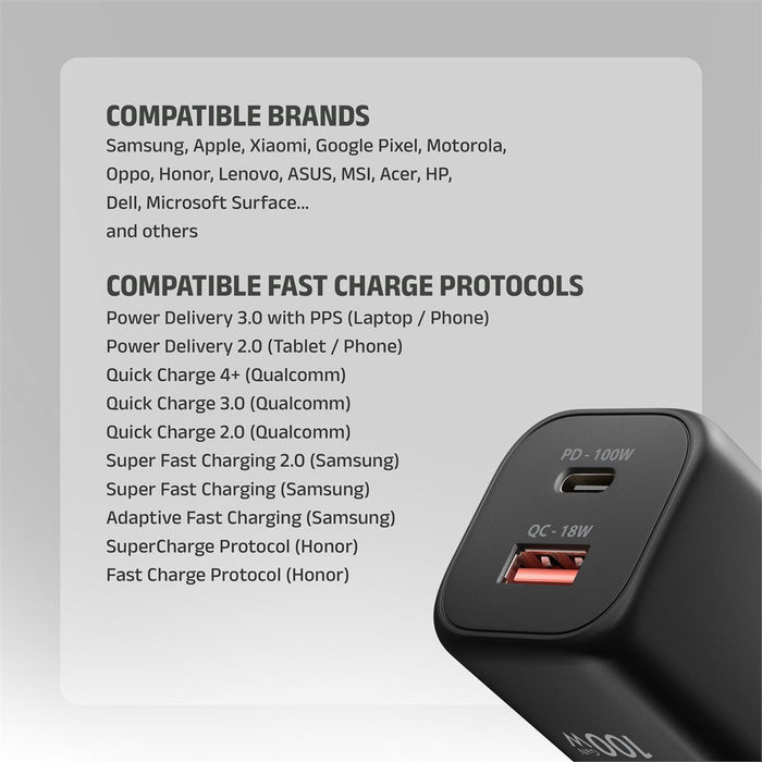 Acu-Pq100 Cargador De Red Gan 100w, 2x Port (Usb-C + Usb-A), Pd3.0/Pps/Qc4+, Mini, Negra