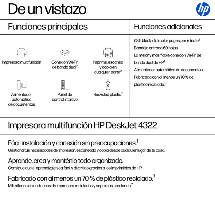 EAN 0198828789709 - HP DeskJet 4322 Inyección de tinta térmica A4 4800 x 1200 DPI 8,5 ppm Wifi imagen 3