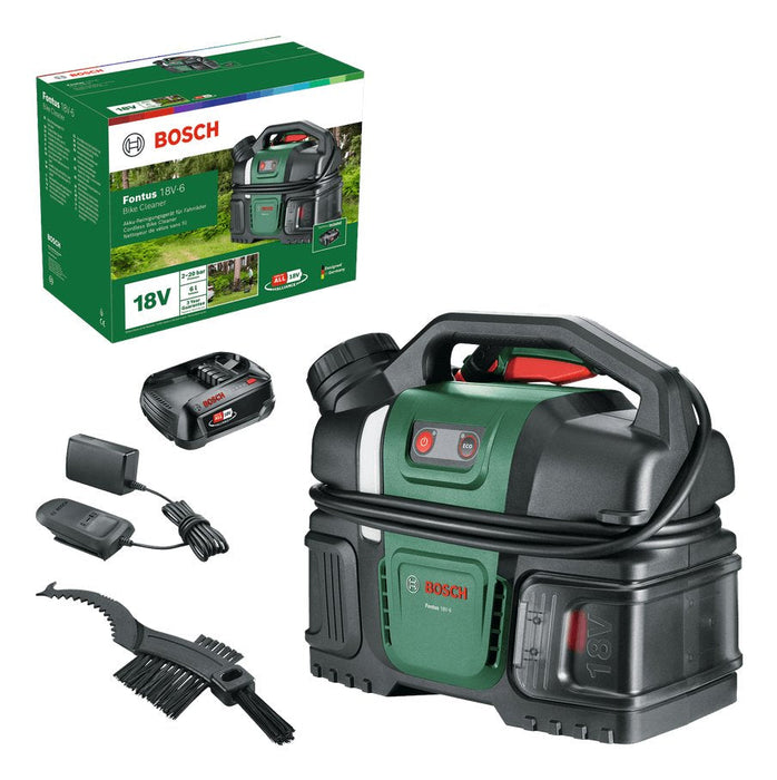 Bosch Hidrolimpiadora Móvil Para Bicicletas Fontus 18v-6 (Depósito De Agua De 6 L, 8 Niveles De Presión, Espacio Para Guardar La Manguera Y La Pistola, Incluye 1 Batería De 2,0 Ah 18v Y Cargador) 06008b6201