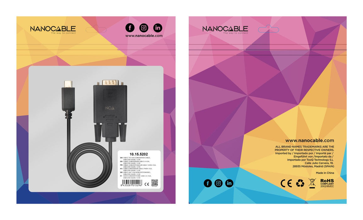 EAN 8433281015296 - Nanocable 10.15.5202 adaptador de cable de vídeo 1,8 m USB Tipo C VGA (D-Sub) imagen 7