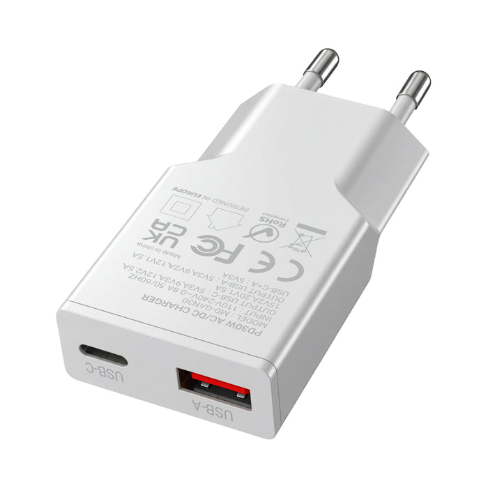 Cargador Usb Gan Mars Gaming Md-Gan30w 30w 1xusb-C 1xusb-A Pd Color Blanco