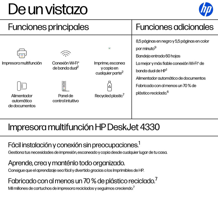 EAN 0198828789877 - HP DeskJet 4330 Inyección de tinta térmica A4 4800 x 1200 DPI 8,5 ppm Wifi imagen 3