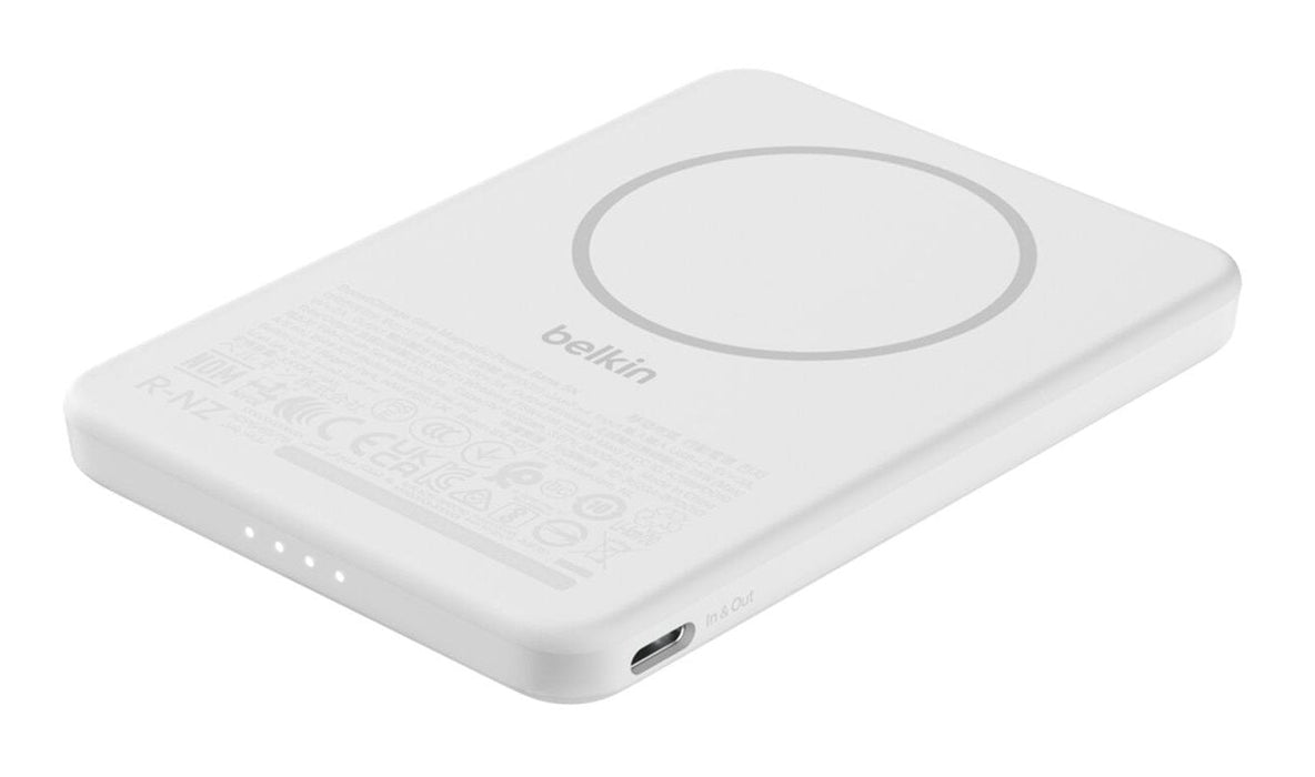 Cargador Inalámbrico Belkin  Delgado 5000 Mah 15 Vatios Fast Charge 2 Conectores De Salida (Magnética Usb-C) En El Cable: Usb-C Blanco