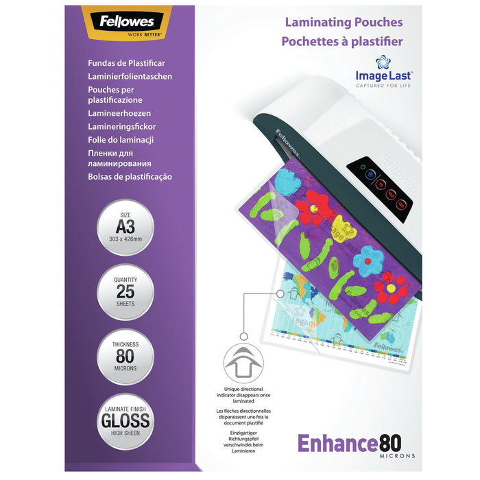 Fellowes Pack De 25 Fundas Para Plastificar Brillo A3 - 80 Micras - Alta Calidad - Transparente