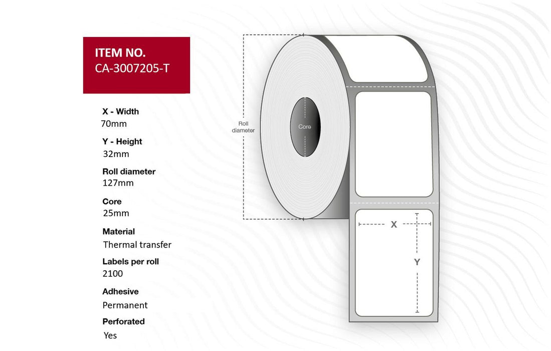 Label 70 X 32mm, Core 25mm,  Thermal Transfer, Coated,