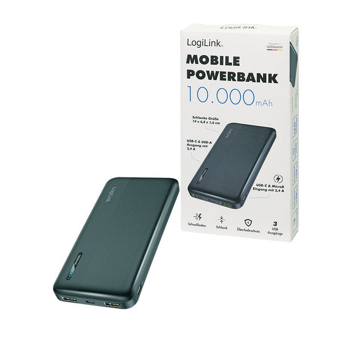Power Bank Logilink Mobile , Lipo, 10.000 Mah, Usb-C In Out, Negro