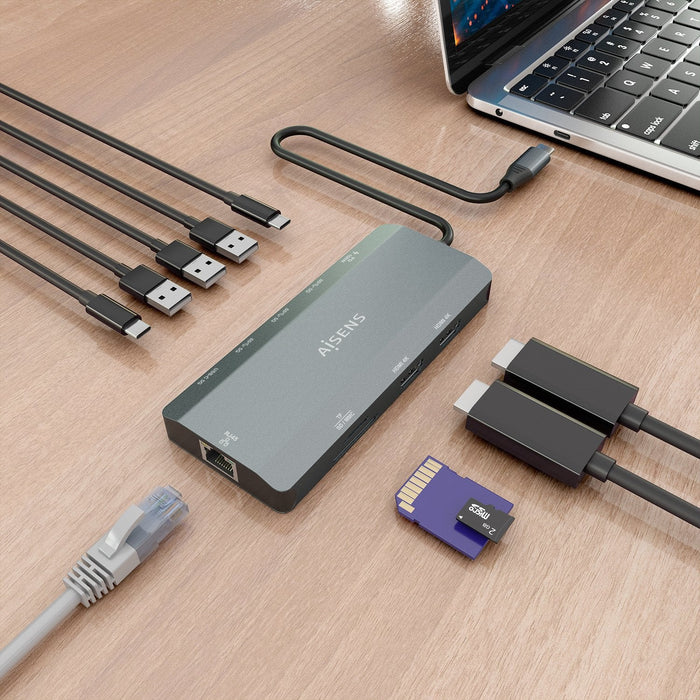Docking Usb Tipo-C Aisens Asuc-10p052-Gr 2xhdmi 4k 1xrj45 3xusb 1xusb Tipo-C 1xusb Tipo-C Pd 1xlector De Tarjetas Gris