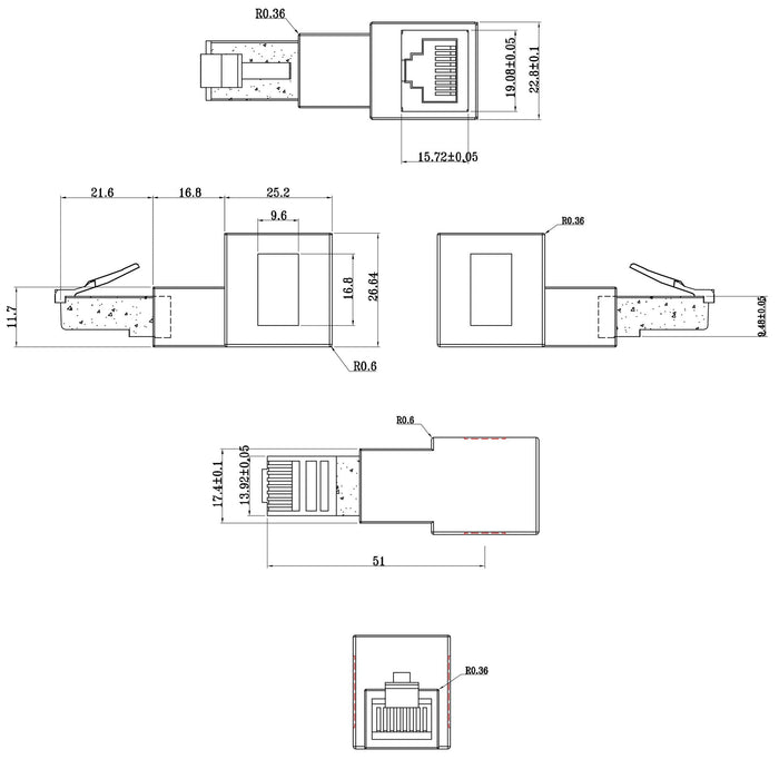Adaptador De Cable De Red Inline Cat.6a, Enchufe/Toma Rj45, Acodado 90° Hacia Arriba