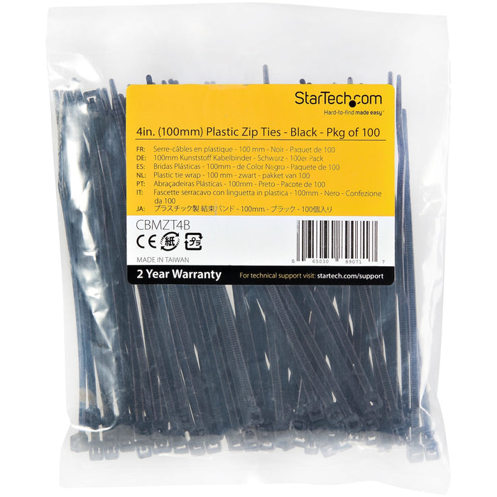 Startech.Com Bridas De 10cm Para Cables - 2 Mm De Ancho, 22 Mm De Diámetro, Soportan 8 Kg De Tensión, De Nylon, Cierre Automático Y Punta Curva, 94v-2/Ul, Paquete De 100 - Negras