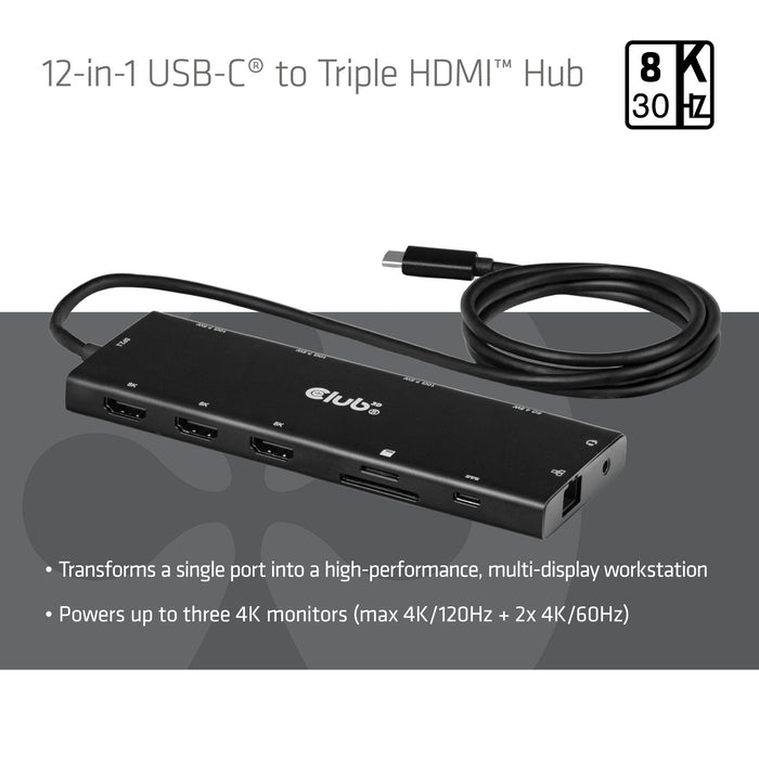Club3d Usb-C 12in1-Hub >3xhdmi/3xusb-C/Usb/Lan 8k30hz Pd140w Retail
