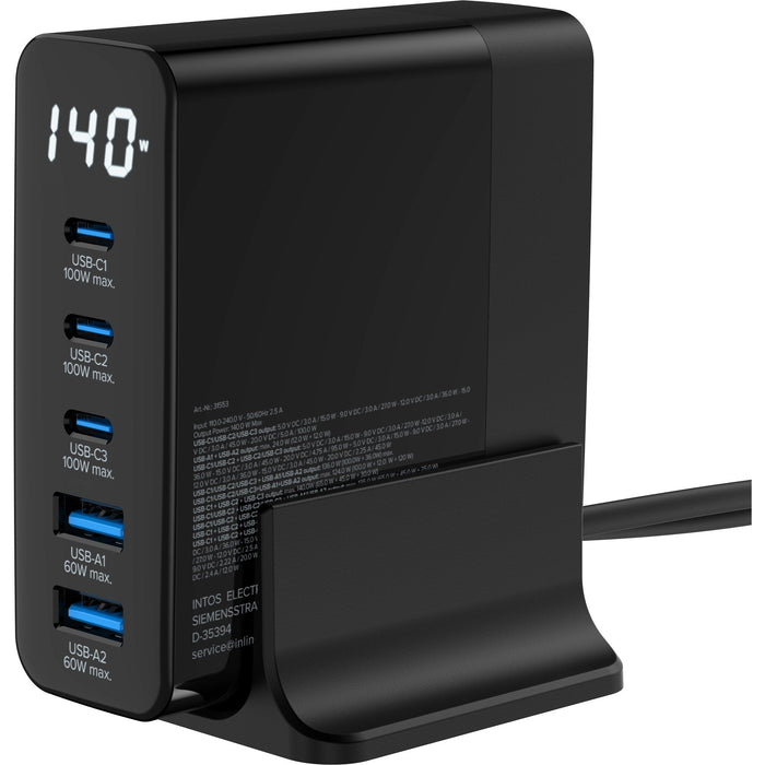 Inline® Usb Pd Power Supply, Gan Charger, 5-Port, Usb-C + Usb-A, 140w, W/Display