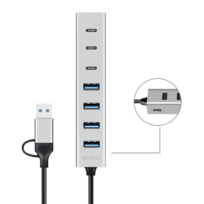 Hub Usb 3.0, 7 Puertos 4xusb-A + 3xusb-C, Cable Usb-A/Usb-C 3.0 2 En 1, 5 Gbps