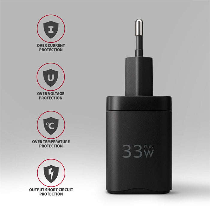 Acu-Pq33 Cargador De Red Gan 33w, 2x Port (Usb-C + Usb-A), Pd3.0/Pps/Qc4+, Negra