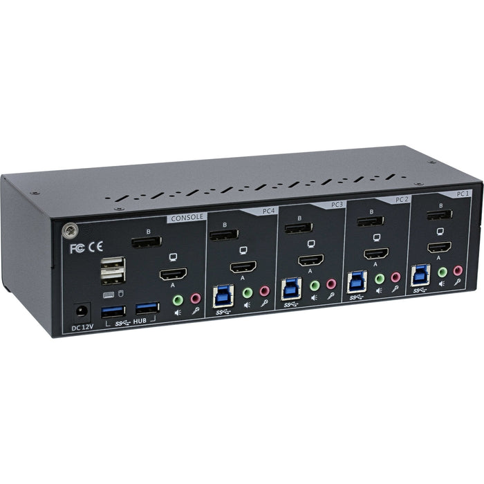 Switch Kvm Inline, 4 Puertos, Monitor Doble, Dp 1.2+Hdmi 2.0, 4k, Usb 3.0, Audio